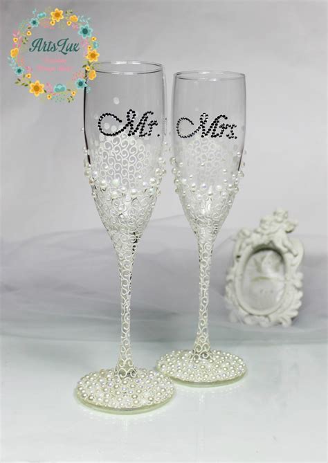 Personalized Wedding Champagne Glasses In Ivorywhite Hand Etsy