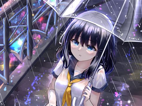 Download Wallpaper 1600x1200 Girl Schoolgirl Umbrella Rain Anime