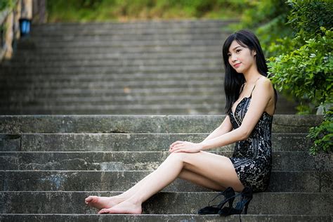 women asian barefoot black hair depth of field dress girl long hair model hd wallpaper