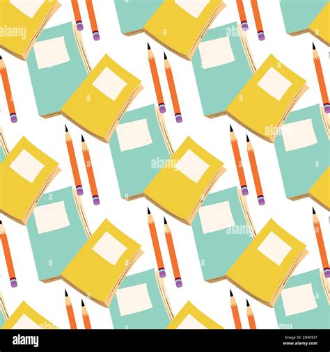 Vector Sets Of Blue Yellow Orange Notebooks And Pencils Seamless