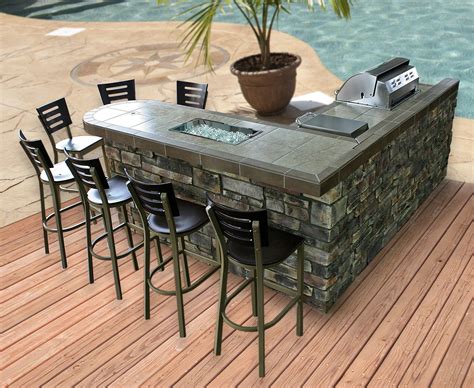 These diy bbq island plans will give you that extra counter space you need when cooking outside as well as a place to store all your grilling tools. L-Shaped island with rectangle fire pit. Stone front with ...