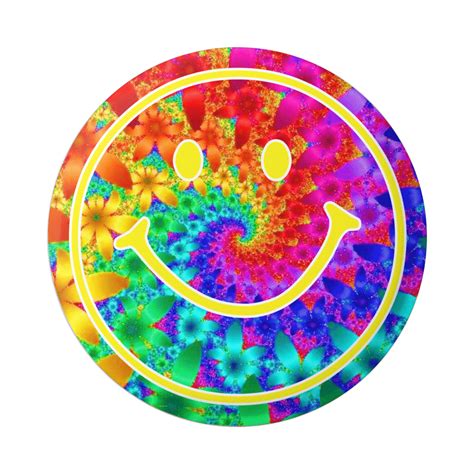 Smiley Face Over Fractal Rainbow Of Flowers Button Pinback Or