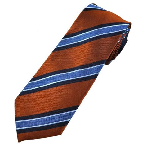 Burnt Orange Navy Blue And Sky Blue Stripe Luxury Silk Mens Tie From