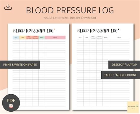 Blood Pressure Log Printable Blood Pressure Tracker Medical Etsy