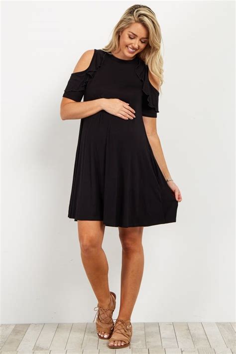 Solid Short Sleeve Maternity Dress Cold Shoulder Detail With Ruffle