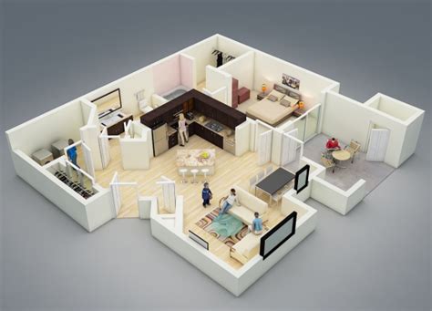 25个一居室户型装修3d布局效果图 设计之家