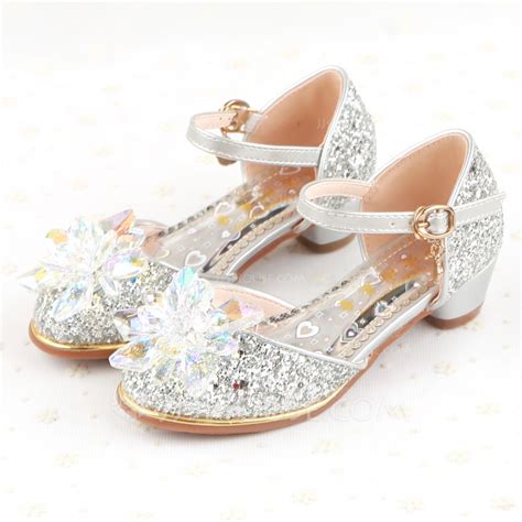 Girls Closed Toe Sparkling Glitter Low Heel Flower Girl Shoes With