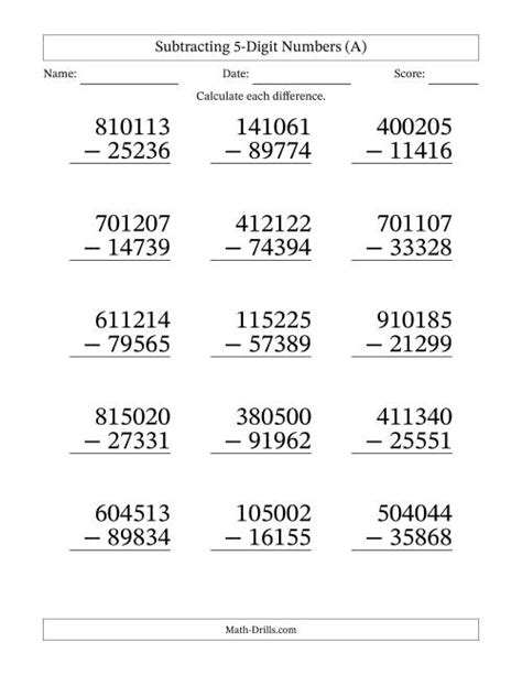 Large Print Subtracting 5 Digit Numbers With All Regrouping A