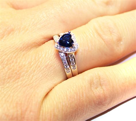 Sapphire Heart Promise Ring With Band Blue Cubic Zirconia Beautiful