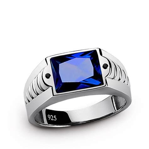 Blue Stone Mens Ring Sapphire Silver Ring Engrave Mens Ring Mens