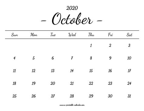 October Calendar 2020 Printable A Printable Calendar