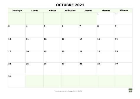 Plantilla Calendario 【octubre 2021】 Para Imprimir Pdf
