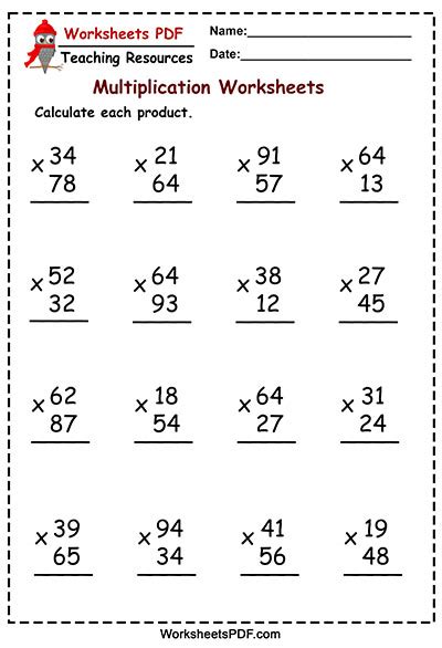Multiplying 1 And 2 Digit Numbers Worksheet