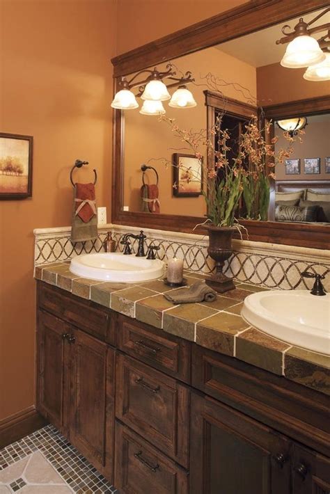 The counter is so large and so close to the bathroom mirror that its color should be good with your coloring. Bathroom. Excellent combination of dark cabinets and tile ...