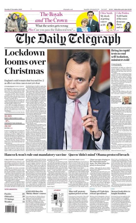 Daily Telegraph Front Page 17th Of November 2020 Tomorrows Papers Today