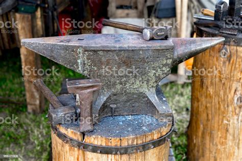 Anvil With Two Forging Hammers In An Outdoor Forge Stock Photo