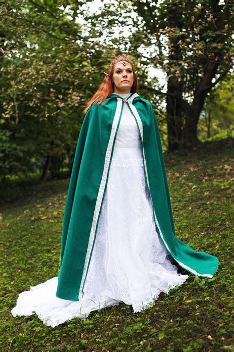 Imperial Elven Cloak Warm Wool Larp Fantasy Green And Silver Wide Hood