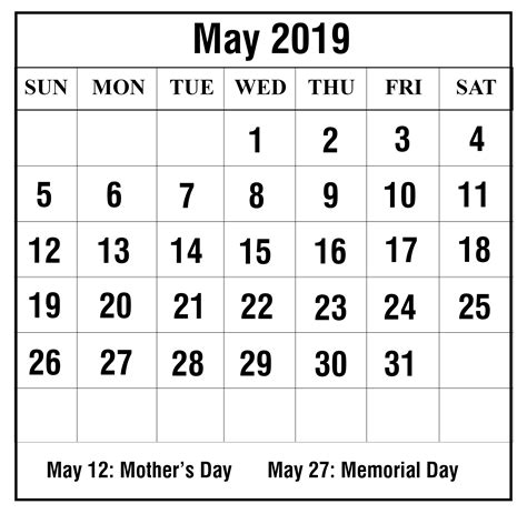 Free May 2019 Printable Calendar In Pdf Word Excel Printable May
