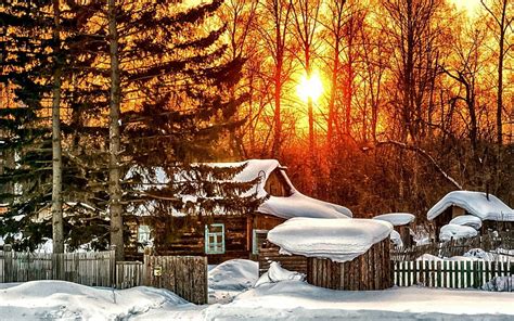 Snowy Log Cabin Fence House Pine Sunlight Winter Wood Hd