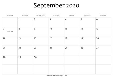 September 2020 Calendar Printable Monday Starting