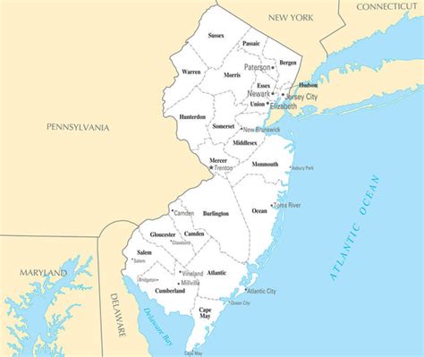 Map Of New Jersey Nj County Map With Selected Cities And Towns