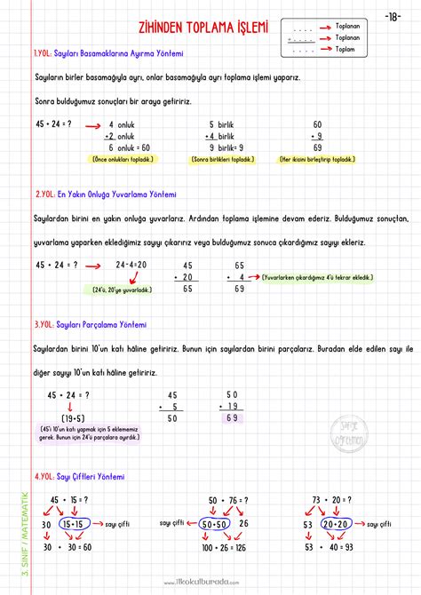3 Sınıf Matematik Zihinden Toplama İşlemi Defter Notu İlkokul Burada