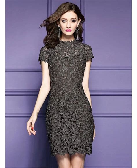 Luxury Lace Sheath Cocktail Dress High Neck With Cap Sleeves Zl8039