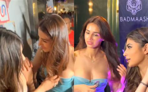 Mouni Roy Hides Disha Patani S Cleavage With Her Hair As They Get Mobbed By Fans Netizen Says