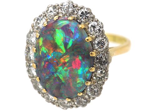 18ct White And Yellow Gold Black Opal And Diamond Cluster Ring 931n