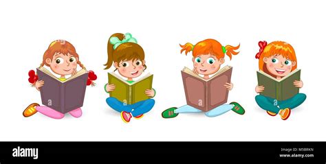 Los Niños Pequeños Leer Libros Interesantes Las Niñas Están Sentados