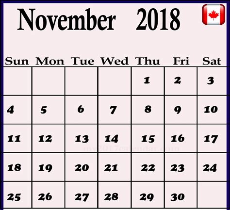 Canada Calendar November 2018 Calendar Word Canada Calendar Calendar