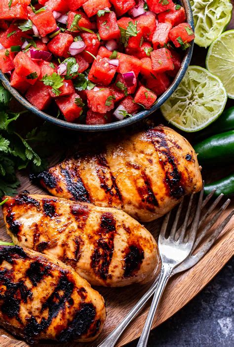 Topped with avocado salsa, this this cilantro lime chicken recipe has been on my site now for over 3 years. Grilled Honey Lime Chicken with Watermelon Salsa - Recipe ...