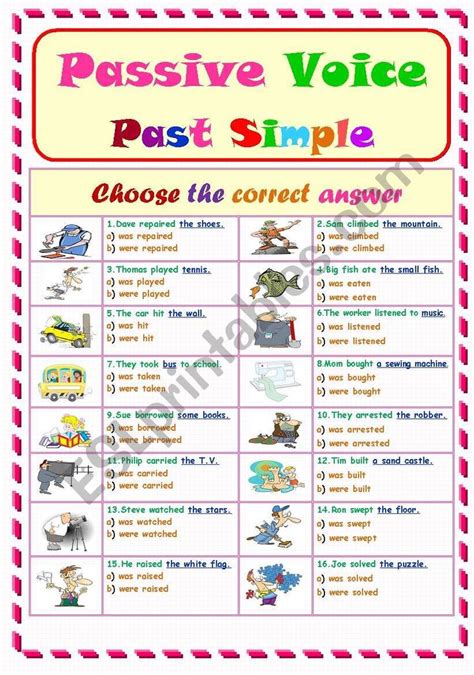 Passive Voice Past Simple Worksheet With Pictures On The Subject And Their Corresponding Words