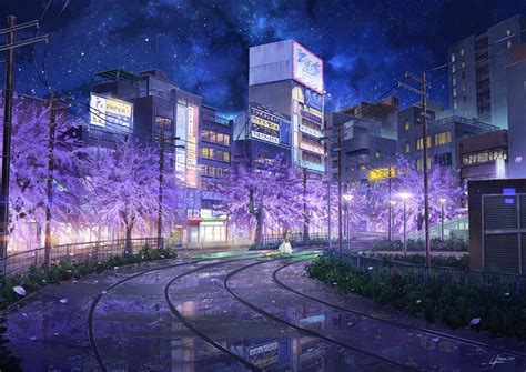 Download 1920x1357 Anime City Sakura Blossom Railway People