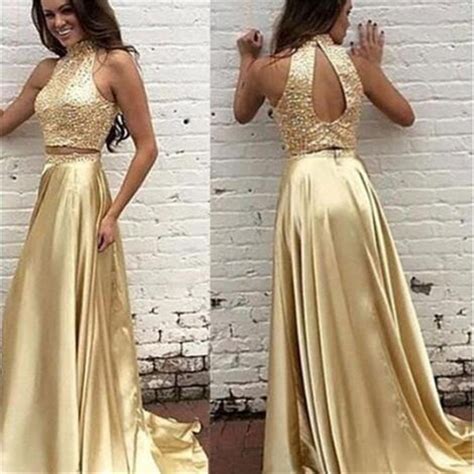 New Arrival Gold Two Pieces High Neck Pretty Sparkly Evening Party Prom
