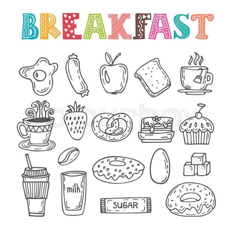 hand drawn breakfast set collection of various sketches food and doodles elements vector