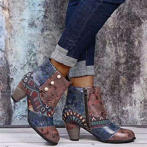 women shoes splicing printed ankle boots for female pu leather retro block high heels bohemian