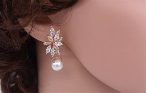 Pearl Bridal Earring Pearl Drop Earrings Rose Gold Earrings Etsy
