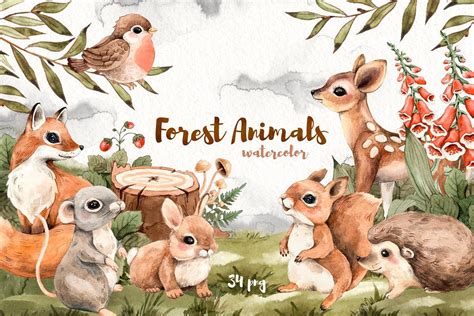 Watercolor Forest Little Animals Set Forest Animals Illustration