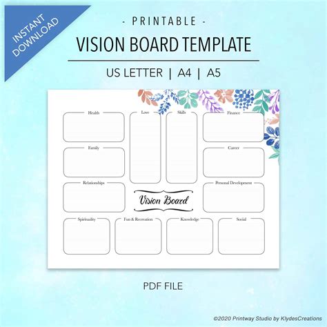 Vision Board Template Printable In Floral Theme For Bullet Etsy
