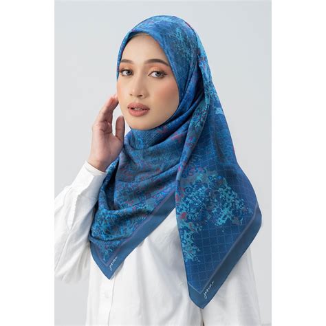 Jovian Hijab Ikat Maharani Printed Square Shawl Satin In Cobalt Blue Shopee Malaysia