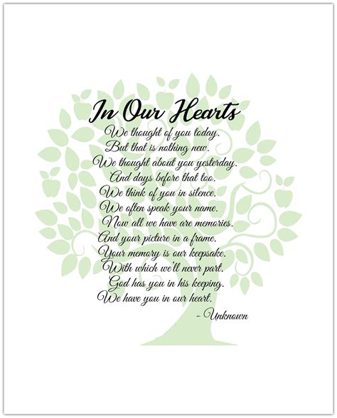 In Our Hearts Poem Bereavement Mourning Sympathy Grief Funeral Printing