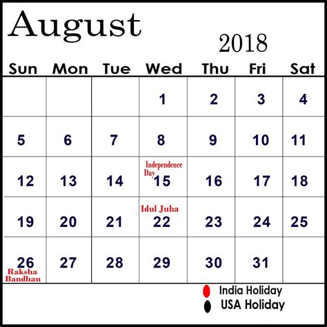 20 August 2019 Calendar With Holidays Free Download Printable