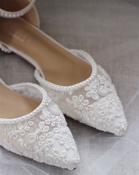 White Crochet Lace Pointy Toe Flats With Mini Pearls Women Etsy Canada