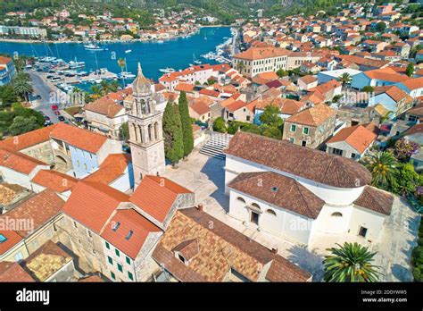 Korcula Island Town Of Vela Luka Church Tower And Rooftops Aerial View