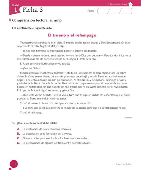 Casa Del Saber10 Fecha Unidad 1 Ficha 3 Comprensión Lectora El Mito