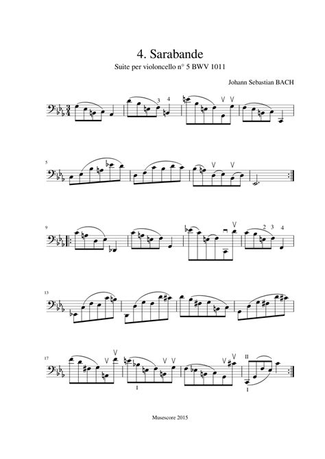 J S Bach Cello Suite N° 5 Bwv 1011 4 Sarabande Sheet Music For