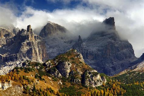 View Of The Mountain Peaks Brenta Dolomites In A Foggy Autumn Day