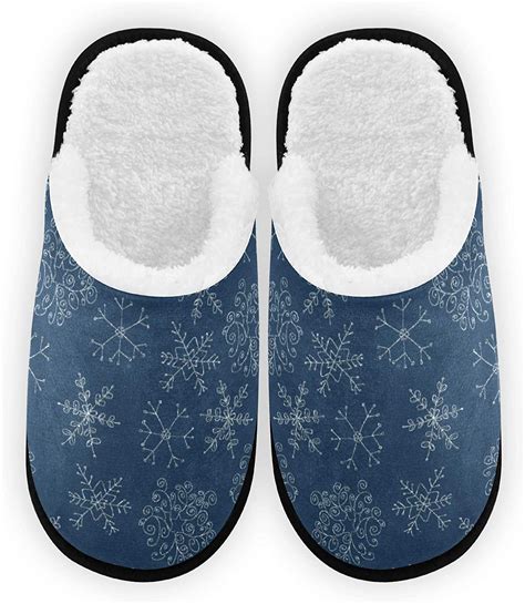 Womens Fuzzy Comfy Slippers Blue Snowflake Glitter