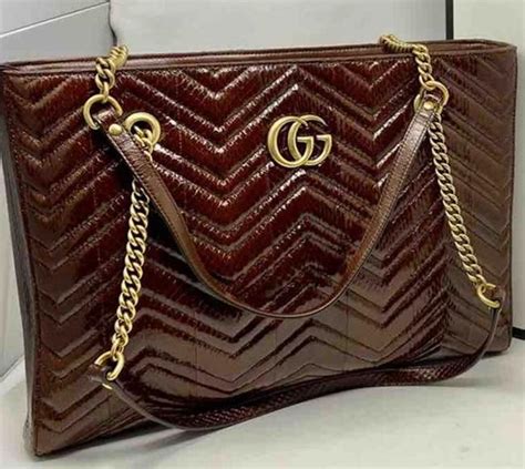 Gucci Marmont New Gg Snakeskin Tote Python Handbag Chain Brown Leather